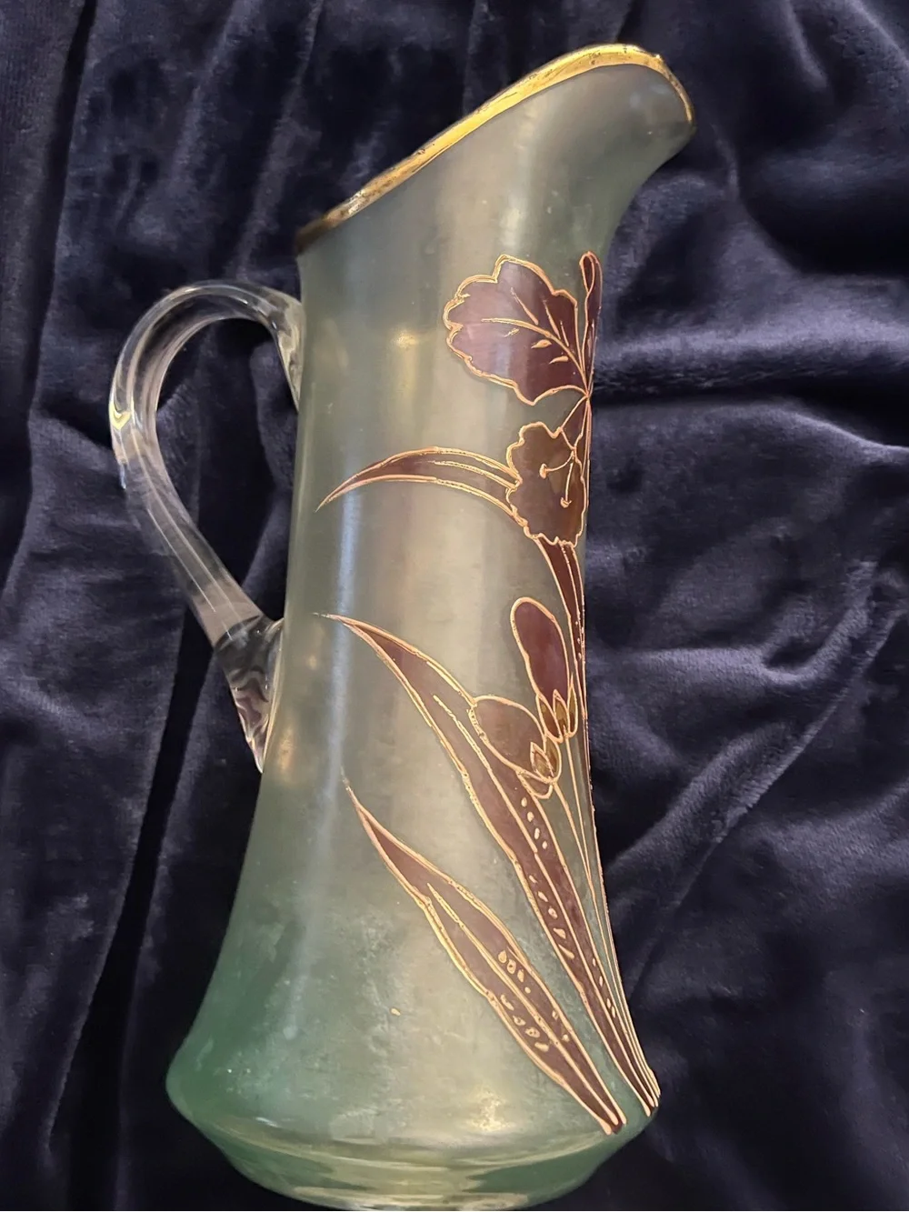 Art Nouveau vase by François-Théodore Legras w/purple irises and gold leaves.